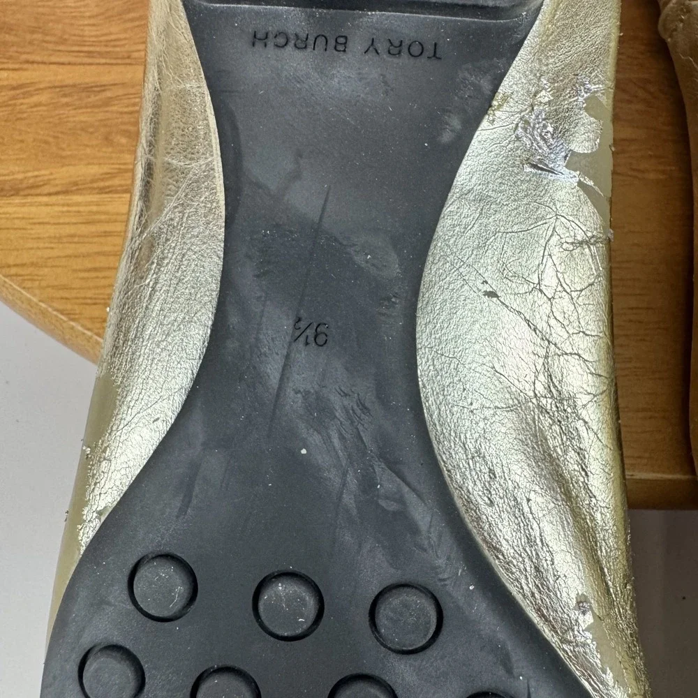 Womens Tory Burch Claire Cap Toe Metallic Gold Leather Ballet Flats‎ Size 9.5 M